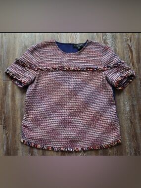 Laundry by Shelli Segal Womens Modern Feminine Fringe Trim Short Sleeve Blouse S